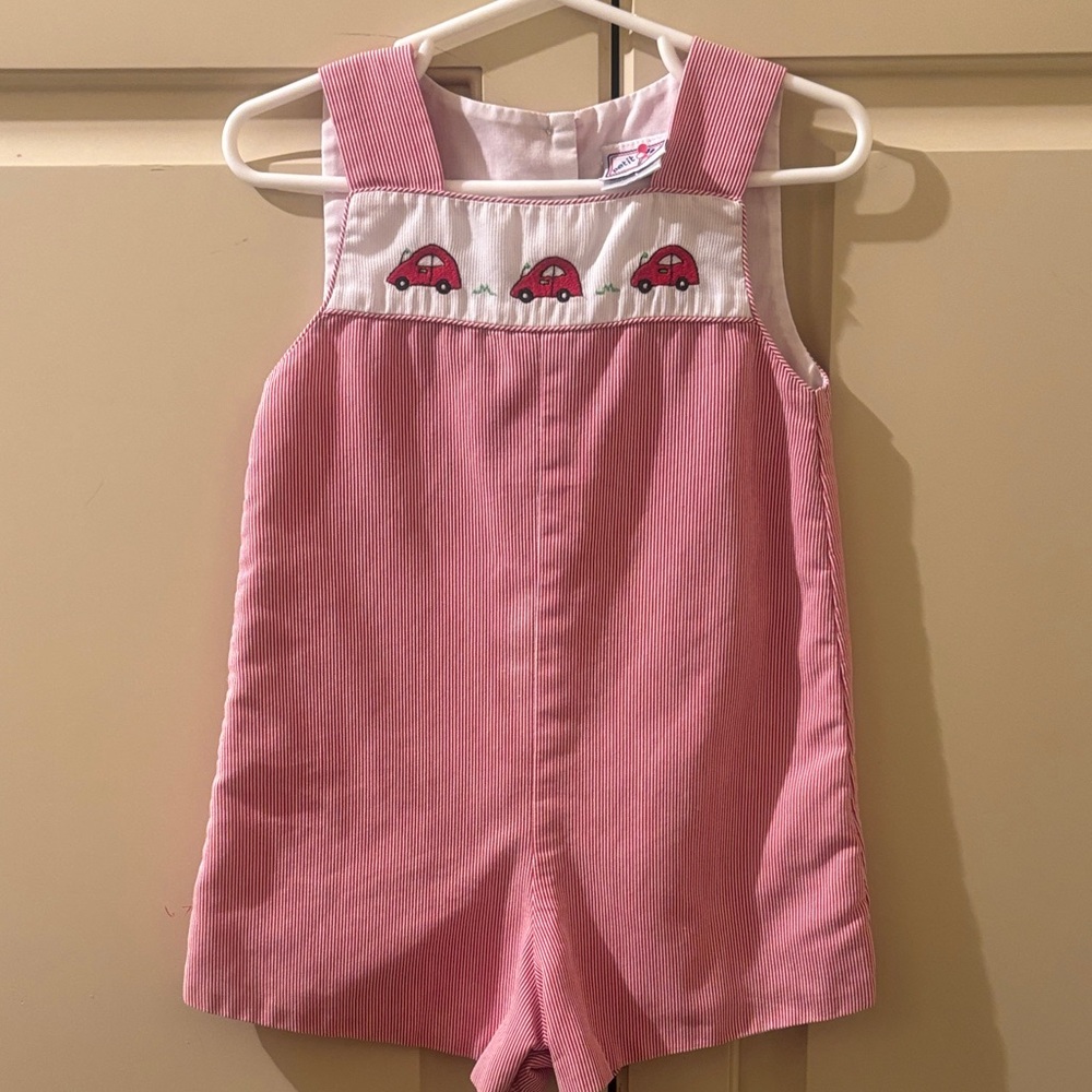 Red and white striped romper with smocked cars